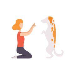 Owner and her purebred dog at show exhibition, master training her pet dog vector Illustration on a white background