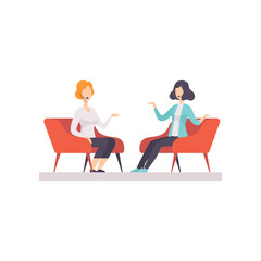 Two women talking in a TV studio, television interview, talk show vector Illustration isolated