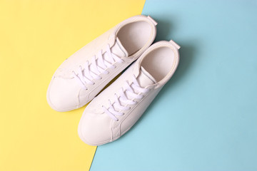 men's gym shoes on a colored background top view. men's footwear. minimalism