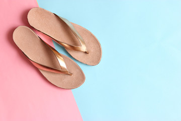 female slippers on a colored background top view. minimalism, women's shoes.