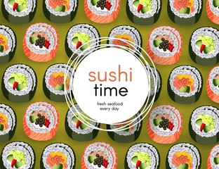 Sushi banner with fresh rolls pattern on green background and white round sticker with copy space - realistic japanese traditional seafood restaurant concept design. Vector illustration.
