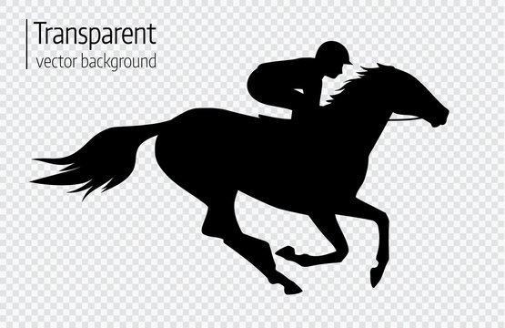 Vector illustration of  race horse with jockey. Black isolated silhouette on transparent background. Equestrian competition logo.