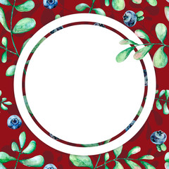 Fototapeta na wymiar Round white frame. On a watercolor red background with a pattern of blueberries, berries and leaves