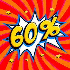 60% off. Sixty percent 60% off sale on red twisted background. Comics pop-art style bang shape. Seasonal sale banner. falling prices discounts.