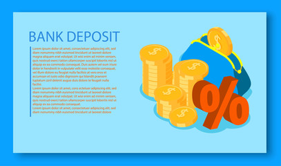 Blue bank deposit background with wallet and money.