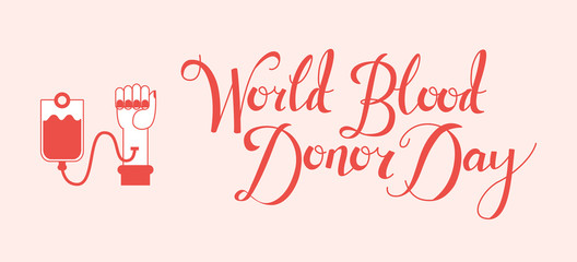 Fototapeta na wymiar Flat 14 June world blood donor day poster template with hand connected with blood transfusion bag icon. Volunteer donation to save life concept. Vector illustration isolated