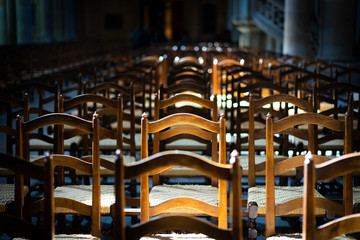 Chairs in the church expresses loneliness and anticipation.