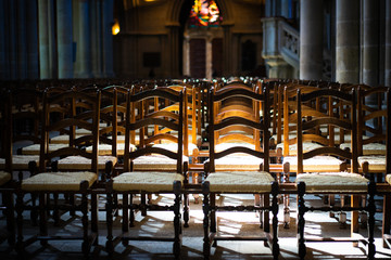 Chairs in the church expresses loneliness and anticipation.