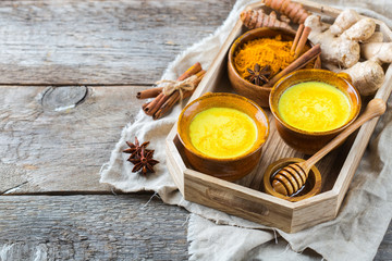 Obraz na płótnie Canvas Traditional indian drink turmeric curcuma golden milk with ingredients