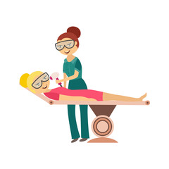 Hair removal procedure - young woman getting laser or ipl epilation on face isolated on white background. Flat cartoon vector illustration of cosmetic skincare therapy in beauty salon.
