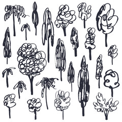 Hand-drawn trees set. Vector sketch illustration.