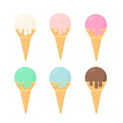 Set of colorful ice creams in waffle cones. Six different flavors. Summer desserts vector illustration. Delicious sweets for kids.