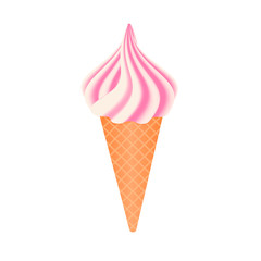 Realistic waffle cone with white and pink soft ice cream isolated. Vanilla and strawberry flavor of desserts. Concept of summer party and vacations.