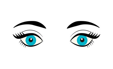 Beautiful blue female eye with eyelashes and eyebrows isolated on white background. Flat style logo. Cartoon eyes icon. Vector illustration for beauty salons, cosmetic shops, makeup artists.