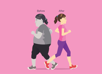 Slim women jogging past herself was fat. Illustration about exercise for lose weight.