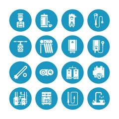 Water boiler, thermostat, electric gas solar heaters and other house heating appliances glyph icons. Equipment store signs. Solid silhouette pixel perfect 64x64.