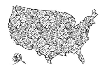 Map of United States of America with flowers. Black and white vector illustration, coloring page for adults