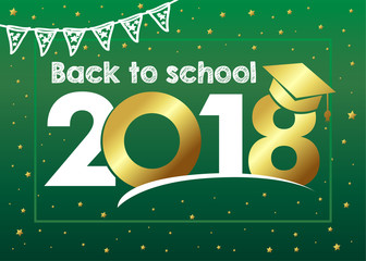 Welcome back to school 2018 text drawing by chalk in blackboard with golden stars. Vector illustration banner