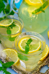 Sweet lemon beverage lemonade with mint and ice cubes