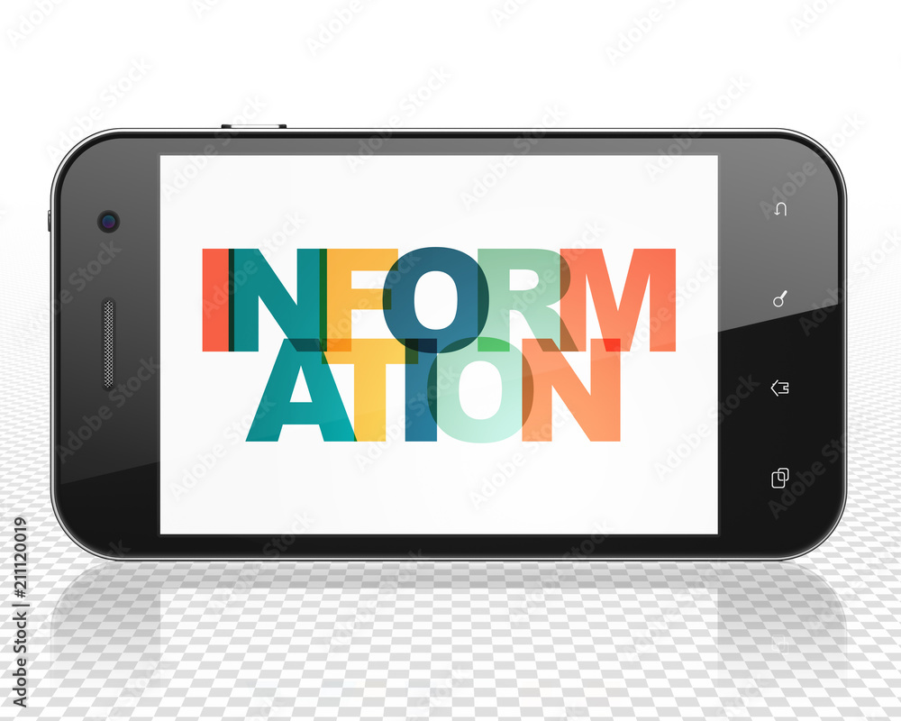 Poster information concept: smartphone with painted multicolor text information on display, 3d rendering