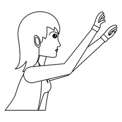 Cartoon businesswoman with arms up over white background, vector illustration