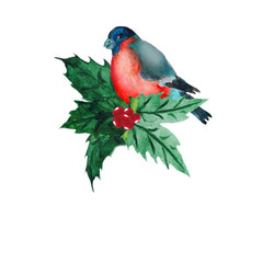 Watercolor Christmas wreath with fir branches and bullfinch.