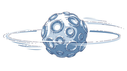 Small cartoon vector fantastic planet with craters from asteroid and meteorite rains fall. Thin line 3d vector illustration isolated on white background. © Sylverarts