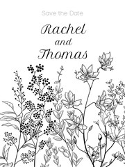 Set of wedding party invitation and Save The Date card templates with Lily of the valley flowers hand drawn with black contour lines on white background. Beautiful floral vector illustration.