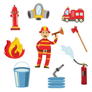 Fireman in fire protection uniform, helmet standing with megaphone loudspeaker alarming danger, firetruck, axe respirator water hydrant hose bucket fire extinguisher equipment set. Vector illustration