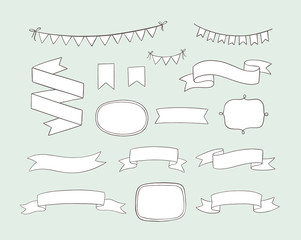 Hand drawn vector design elements. Doodle banners, ribbons, frames, bunting banners. Cartoon style. 