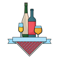 picnic emblem with wine bottle and champagne bottle over white background, vector illustration