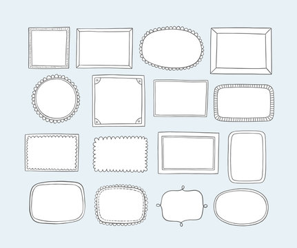 Set of hand drawn frames and labels. Doodle vector design elements. Cartoon style.