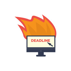 Burning office computer monitor with deadline inscription. Desktop screen on fire, time management, overwork concept. Vector flat illustration isolated icon,