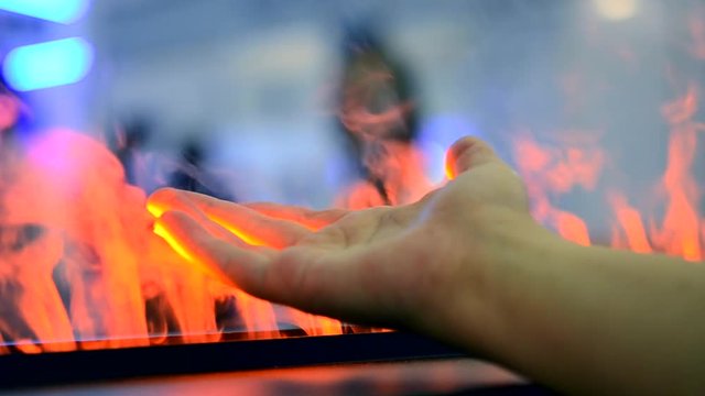 Electric fireplaces with built-in evaporator converts water into steam, which simulates smoke close-up. Model with 3D effect. Modern smart ecological alternative technologies. Energy saving innovation