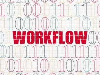 Finance concept: Painted red text Workflow on White Brick wall background with Binary Code