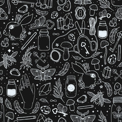 Materiał do szycia Sketch vector graphic seamless pattern illustration with mystic and occult hand drawn symbols. Magic and esoteric concept. Vintage element freemasonry