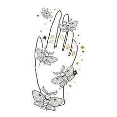 Sketch graphic illustration with mystic and occult hand drawn symbols.Fortunate hands moth.Vector illustration. Astrological and esoteric concept.Freemasonry and secret societies emblems.