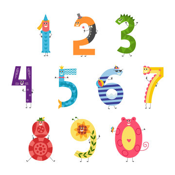 Cute cartoon number set for teaching children or birthday invitation - funny characters isolated on white background. Collection of comic mathematics elements, vector illustration.