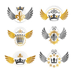 Imperial Crowns and Vintage Stars emblems set. Heraldic Coat of Arms, vintage vector logos collection.