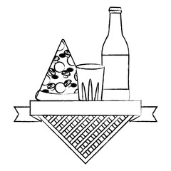 picnic emblem with pizza slice and beer bottle over white background, vector illustration