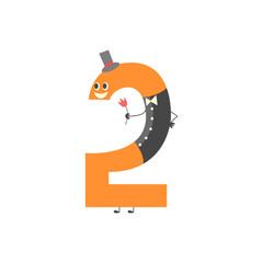 Number two cartoon character isolated on white background. Funny vector illustration of mathematics element for kids education or birthday invitation, comic number 2.