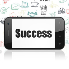 Finance concept: Smartphone with  black text Success on display,  Hand Drawn Business Icons background, 3D rendering