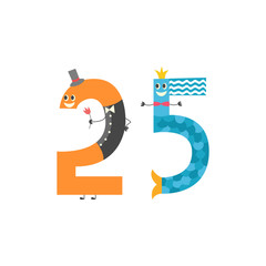 Number twenty five cute cartoon character isolated on white background. Vector illustration of arithmetic element for teaching children or birthday invitation, adorable number 25.
