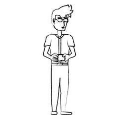 cartoon young man using a cellphone over white background, vector illustration