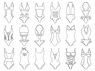 Doodle bikini. Swimming suits set. Women cloth. Sketches collection. Summer. Pencil or pen drawing. Bikini doodle. Summer holiday. Travel. Swimwear. Ocean. Sea. Lady swimsuit.