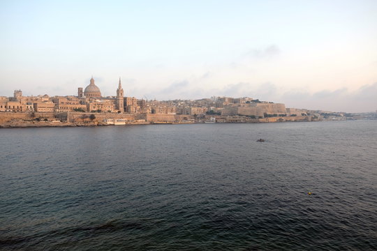 Skyline of La Valletta, capital city of Malta, evening light, view from Sliema.