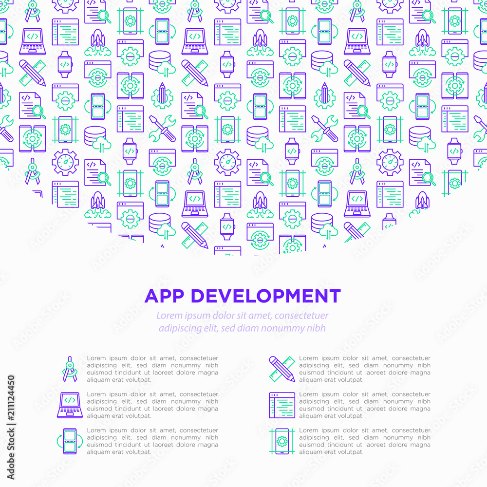 Poster app development concept with thin line icons: writing code, multitasking, smart watch app, engineeri
