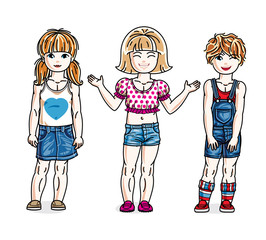 Cute little girls standing in stylish casual clothes. Vector set of beautiful kids illustrations.