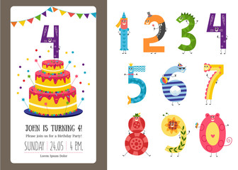 Birthday anniversary cartoon numbers and invitation card template set. Cute characters of numerals isolated on white background and b-day banner with cake, confetti and flags. Vector illustration.