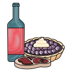 picnic food design with wine bottle with sweet pie and meat steak over white background, vector illustration